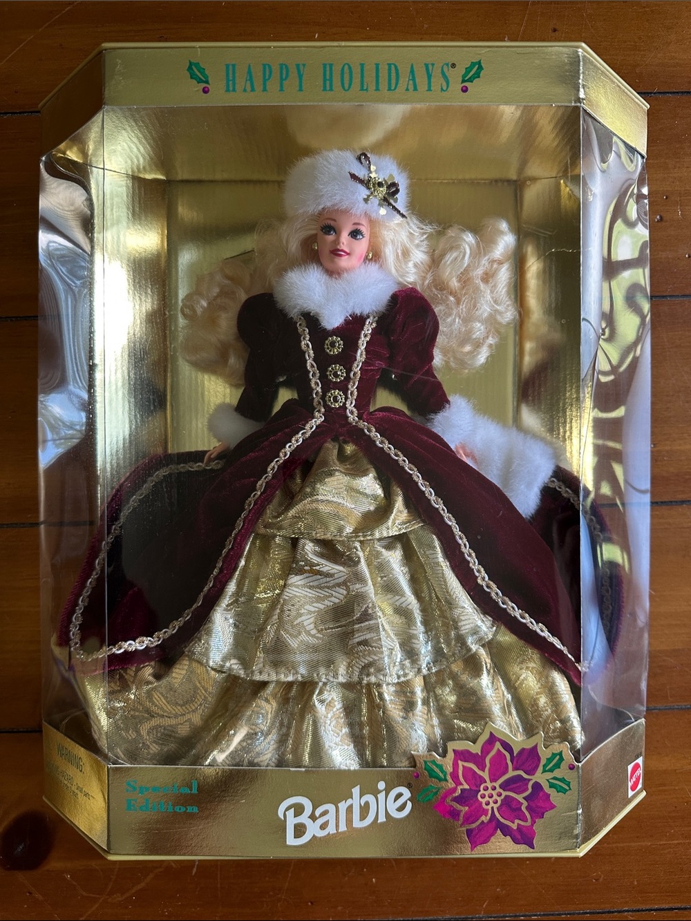 Vintage 1996 Mattel Barbie Holiday Doll Burgundy and Gold Dress